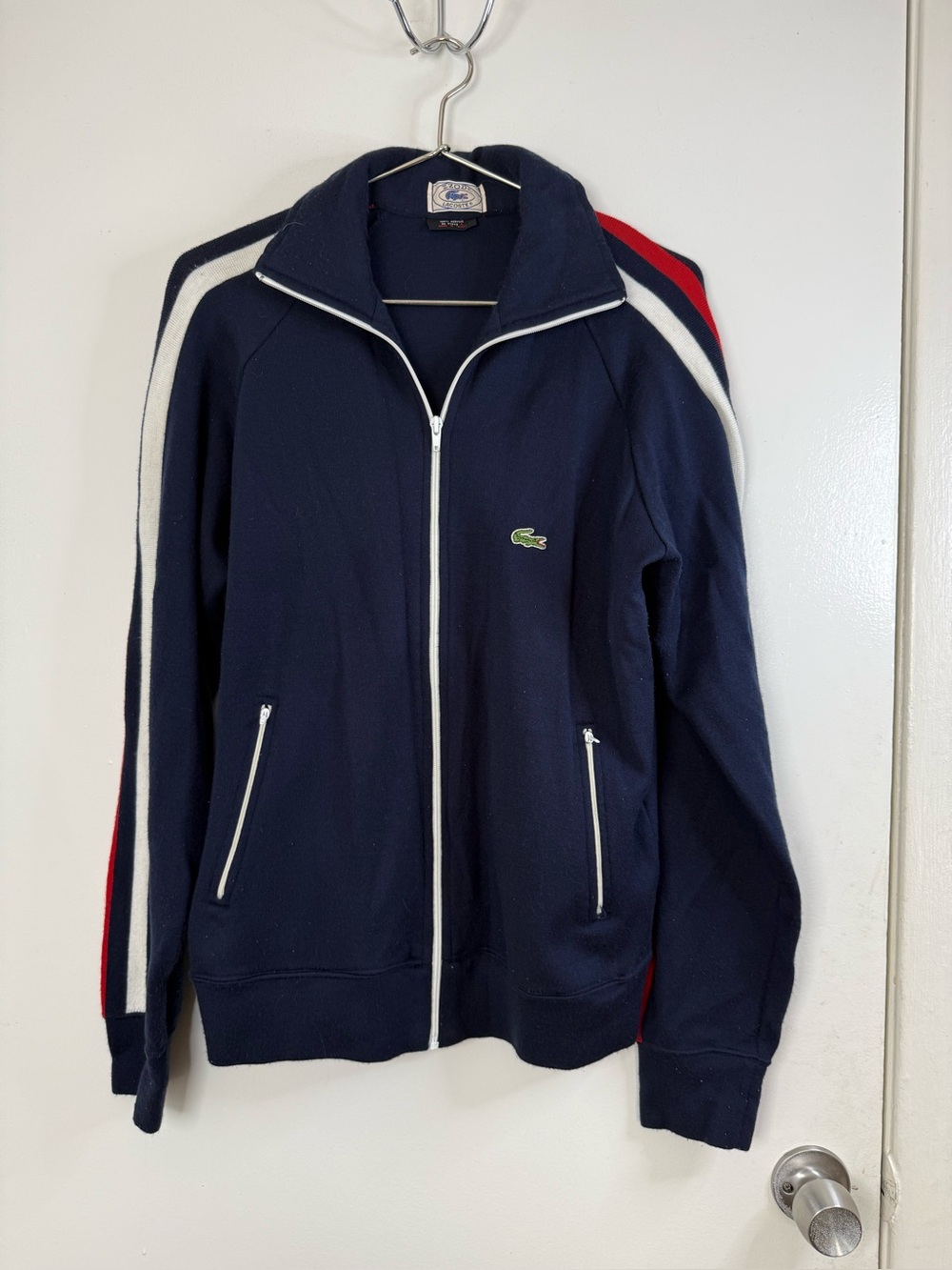 Izod Lacoste, vintage, red, white, blue, full, zip, striped arm, track jacket L